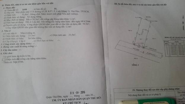 Nhượng đất thổ cư 100% sổ hồng 2016, đường 28, P. Linh Đông. DT 4.2x12.25m = 51.5m2 giá 1.47 tỷ 7017691