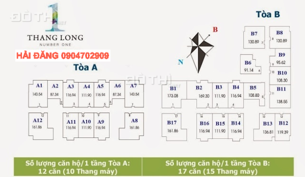 Bán CHCC Thăng Long Number One: 138m2 - Tòa B (mới 100% - Siêu rẻ 33,5 tr/m2) 7403023