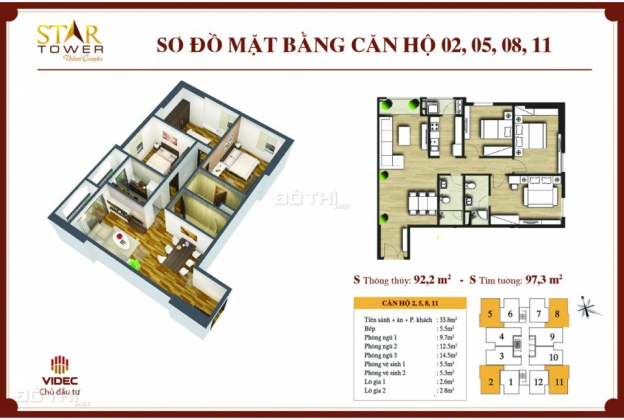 Chính chủ bán lại căn hộ chung cư 283 Khương Trung, 92,2m2 căn 11 tòa C giá rẻ 24tr/m2 7458316