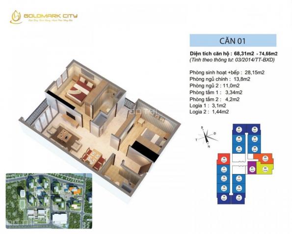 CC bán căn số 1-R2, Goldmark City, DT 74.55m2, BC TN, đã bàn giao, giá 27.3tr/m2, LH: 0988018540 7969081