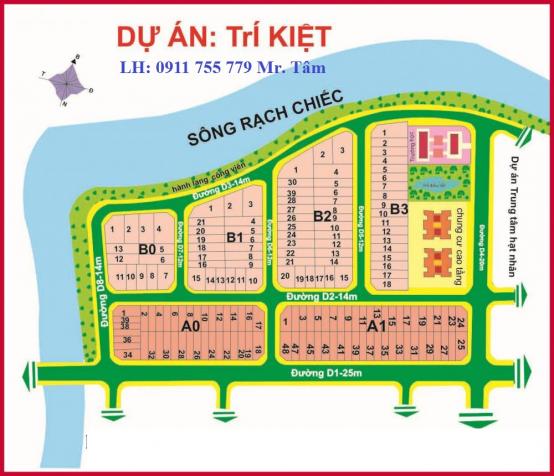 Bán gấp 2 nền thuộc KDC Trí Kiệt, Q9, Dt 144m2, đường 16m, giá 23.7tr/m2. LH: 0911 755 779 8095400