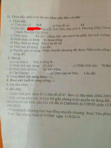 Nhà SH riêng, chính chủ Nguyễn Ảnh Thủ, Q12, DT 64m2 cần bán(có thương lương) 8376541