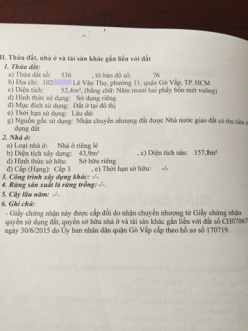 Bán nhà hẻm 102 Lê Văn Thọ, phường 11, quận Gò Vấp, 4,2 x 12,5m, 1 trệt, 3 lầu, giá 4,15 tỷ 8783869