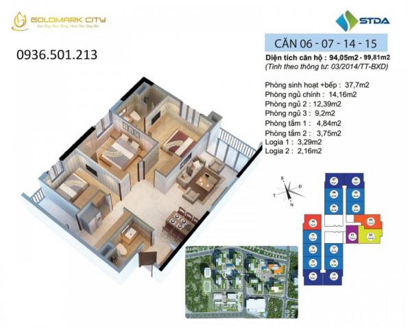 Chính chủ cần tiền bán gấp căn hộ Goldmark city 136 Hồ Tùng Mậu, tầng 1606, DT 99.64m2, 2.4 tỷ 8889382
