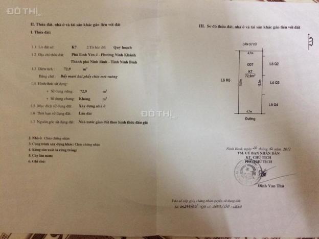 Bán đất lô K7 phố Bình Yên 4 phường Ninh Khánh, Ninh Bình, Ninh Bình. DT 72.9m2, giá 620 triệu 9069207