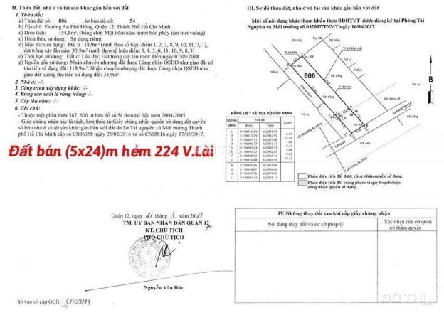 119m2 (5x24), 37.8 triệu/m2, góc 2 mặt tiền hẻm 224 đường Vườn Lài, cách phà 1km 11729355