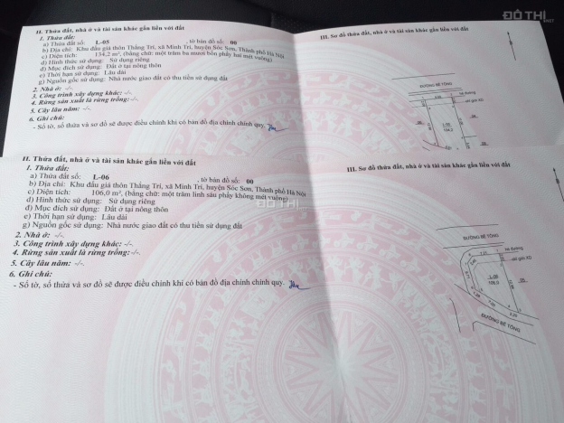Bán 2 lô đất đấu giá liền nhau thôn Thắng Trí, xã Minh Trí, Sóc Sơn, 3 mặt thoáng 134.2m2, 3.7tr/m2 12743874