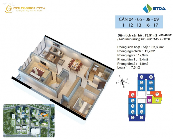 Hàng chủ đầu tư căn hộ số 17, DT 78m2 tòa nhà Sapphire 3 chung cư Goldmark City 12763626