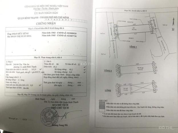 Bán nhà 2 MT, 45m2, 103m2 SD, 3 tầng, 3 PN, 5.2 tỷ (TL) hẻm 346 Chu Văn An, P12, PN, LH 0909363845 12860652