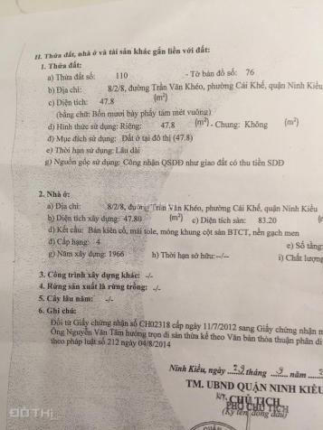 Bán nhà hẻm 8m đường Trần Văn Khéo, phường Cái Khế, sổ hồng, DT 47.8m2. Giá bán 2.4 tỷ 12908181