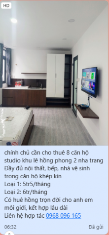 Chính chủ cần cho thuê 8 căn hộ studio khu Lê Hồng Phong 2 Nha Trang 12950567