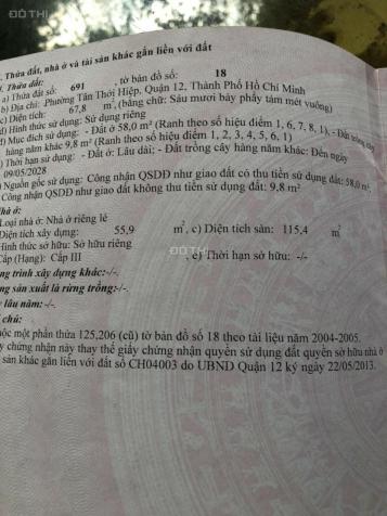 Cần bán nhà 1 sẹc Tân Thới Hiệp 8, Quận 12, 68m2, 1 lầu, giá 3,6 tỷ TL 13103403