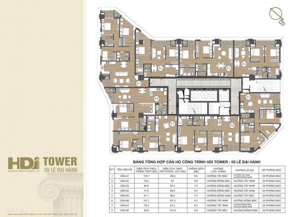 HDI Tower, 55 Lê Đại Hành, căn 2 phòng ngủ 95m2, hướng Đông Nam, giá bán 7.7 tỷ, đủ đồ ngoại nhập 13231926