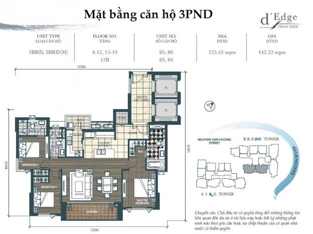 Cho thuê căn hộ D'Edge Q2, tầng trung tháp B với diện tích 140m2 bao gồm 3 phòng ngủ, 3 WC 13510299