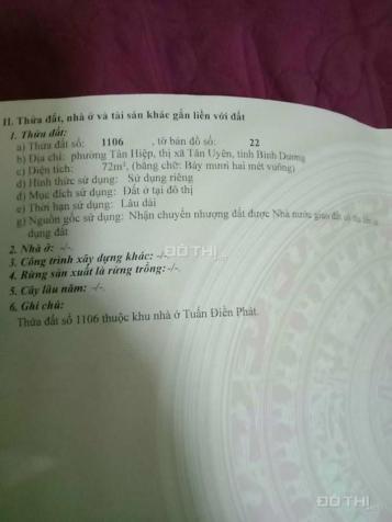 Chính chủ bán lô đất Tuấn Điền Phát, Tân Uyên 72m2/giá 1.25 tỷ/bao sổ 0989337446 zalo 13611735
