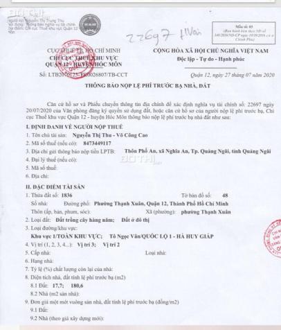 CẦN BÁN NHANH LÔ ĐẤT 2 MẶT TIỀN TRƯỚC SAU TẠI PHƯỜNG THẠNH XUÂN, QUẬN 12, TP. HỒ CHÍ MINH. 14521267