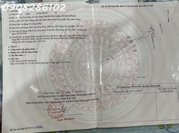 Cần bán 259,7m2 sổ hồng riêng sẵn 100m2 thổ cư tại xã Tân Quan, Bình Phước 14597631