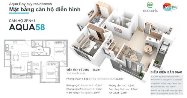 Bán căn hộ 58m2 sử dụng, 2 ngủ - Chung cư Aqua Bay Ecopark - Đông Nam - Giá 1,920 bao sổ 14692447